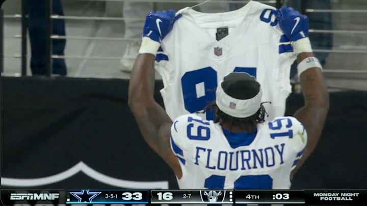 Cowboys wide receiver Ryan Flournoy honored the late Marshawn Kneeland after the win on Monday. Cowboys wide receiver Ryan Flournoy honored the late Marshawn Kneeland after the win on Monday.