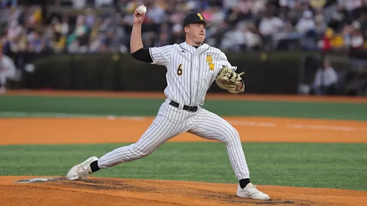Southern Miss. pitcher Colby Allen (6) throws a pitch in relief in a game between the Southern Miss Golden Eagles and the Lafayette Leopards in a NCAA baseball game. February 15, 2025.