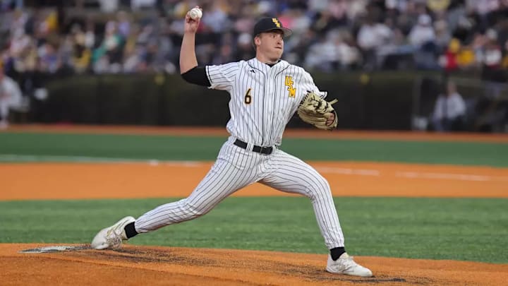 Southern Miss. pitcher Colby Allen (6) throws a pitch in relief in a game between the Southern Miss Golden Eagles and the Lafayette Leopards in a NCAA baseball game. February 15, 2025.