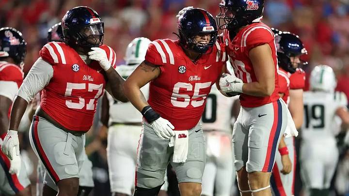 (Sept. 13) Ole Miss right tackle Connor Howes celebrates a touchdown with teammates against the Charlotte 49ers (Oxford, Mississippi) (Sept. 13) Ole Miss right tackle Connor Howes celebrates a touchdown with teammates against the Charlotte 49ers (Oxford, Mississippi)