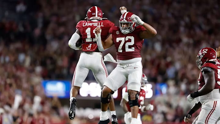 Alabama Linebacker Jihaad Campbell (11) and Alabama Offensive Lineman Parker Brailsford (72) celebrates at Bryant-Denny Stadium in Tuscaloosa, AL on Saturday, Sep 28, 2024.