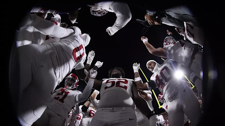 The University of Alabama football team huddle before the game against Oklahoma at Gaylord Family - Oklahoma Memorial Stadium in Norman, OK on Saturday, Nov 23, 2024. The University of Alabama football team huddle before the game against Oklahoma at Gaylord Family - Oklahoma Memorial Stadium in Norman, OK on Saturday, Nov 23, 2024.