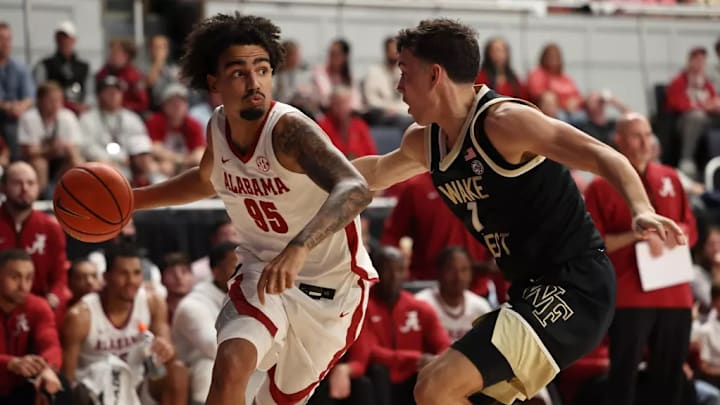 Alabama guard Houston Mallette (95) looks to pass the ball against Wake Forest at Boutwell Auditorium in Birmingham, AL on Friday, Oct 18, 2024.