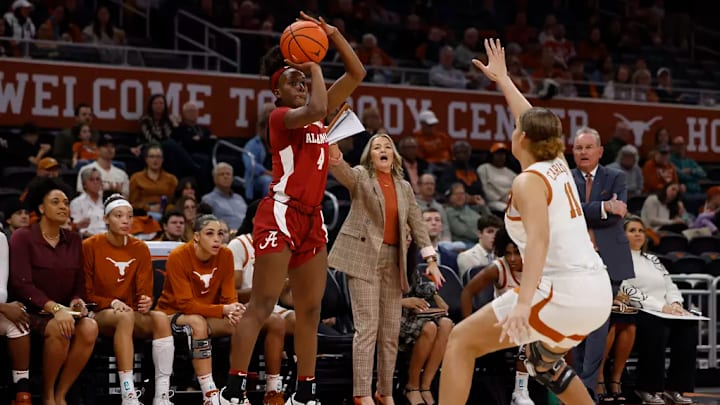 Alabama Guard Eris Lester (4) shoots a three against Texas at Moody Center in Austin, TX on Thursday, Jan 9, 2025.