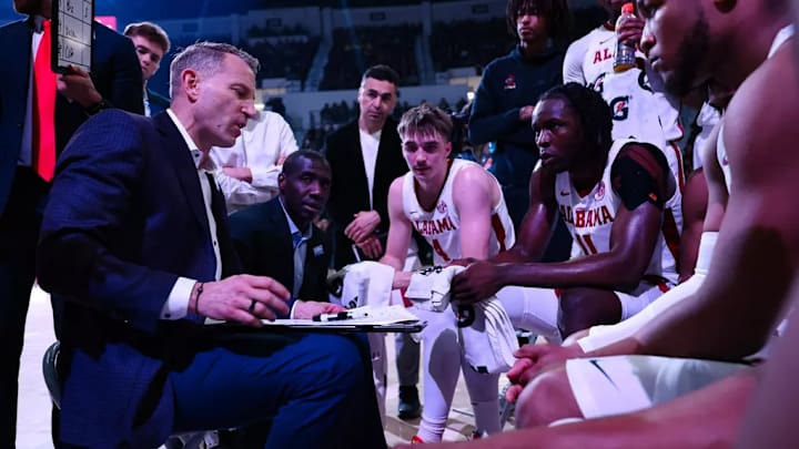 Alabama basketball coach Nate Oats in the huddle with The Alabama Basketball Team at Humphrey Coliseum in Starkville, Mississippi on Wednesday, Jan 29, 2025.