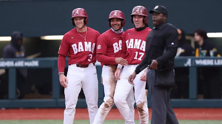 The Alabama baseball team celebrates during a game against Alabama State. (Image credit: Alabama Athletics)