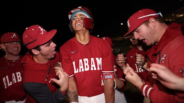Alabama baseball's Justin Lebron (1) celebrates with teammates. (Image credit: Alabama Athletics) Alabama baseball's Justin Lebron (1) celebrates with teammates. (Image credit: Alabama Athletics)