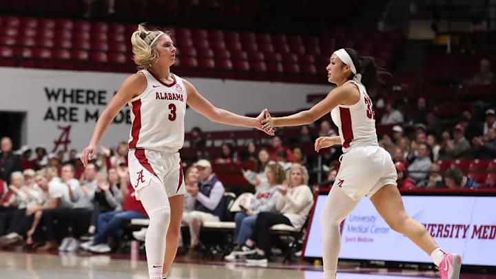 Alabama Guard Sarah Ashlee Barker (3) and Alabama Forward Aaliyah Nye (32) celebrate a bucket against Texas A&M at Coleman Coliseum in Tuscaloosa, AL on Monday, Feb 17, 2025. Alabama Guard Sarah Ashlee Barker (3) and Alabama Forward Aaliyah Nye (32) celebrate a bucket against Texas A&M at Coleman Coliseum in Tuscaloosa, AL on Monday, Feb 17, 2025.