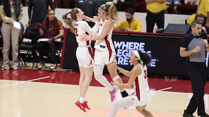 Alabama Guard Karly Weathers (22) and Alabama Guard Sarah Ashlee Barker (3) celebrates at Coleman Coliseum in Tuscaloosa, AL on Thursday, Feb 27, 2025.