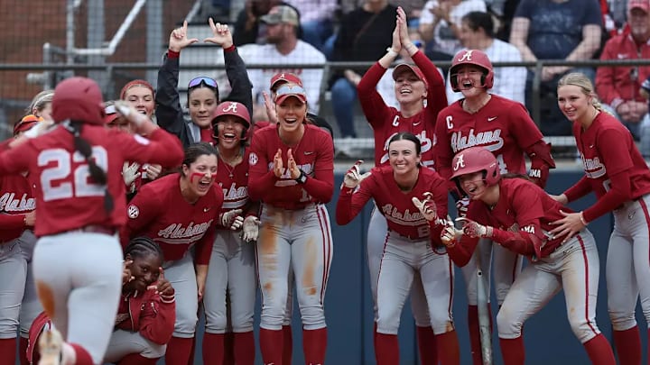 The University of Alabama softball team celebrate in a game against Samford at Samford University in Birmingham, AL on Tuesday, Mar 4, 2025.