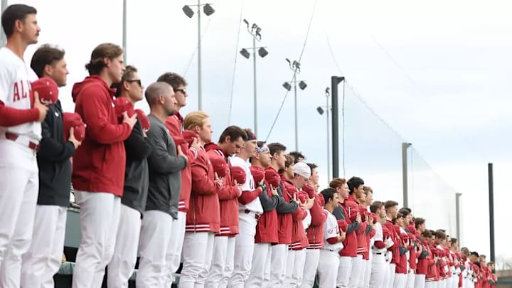 The Alabama baseball team lines up before a game.
