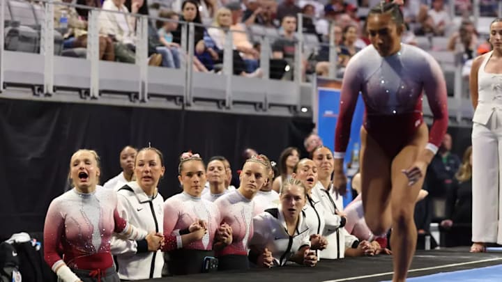 The Alabama gymnastics team during its vault rotation at the 2025 NCAA Semifinals. The Alabama gymnastics team during its vault rotation at the 2025 NCAA Semifinals.