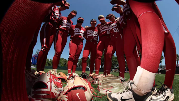The University of Alabama softball team in the huddle at Katie Seashole Pressly Stadium in Gainesville, FL on Saturday, Apr 19, 2025.
