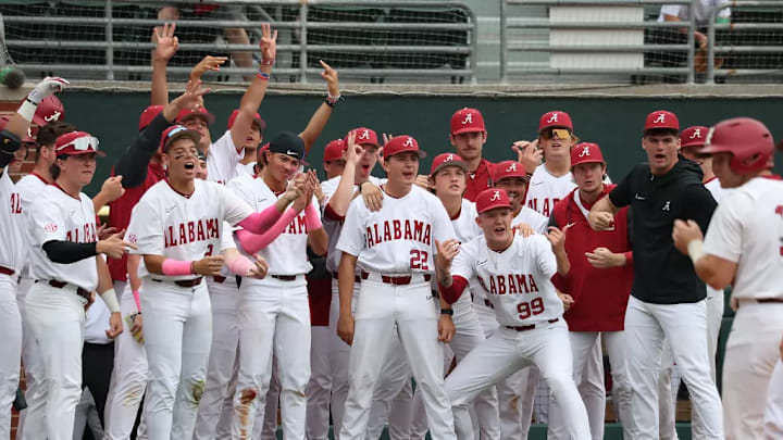 Alabama baseball players during a game against Georgia. Alabama baseball players during a game against Georgia.