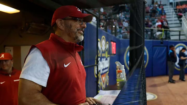 Alabama Head Coach Patrick Murphy watches his team during pre game activities against South Carolina during the SEC Championship at Jack Turner Softball Stadium in Athens, GA on Wednesday, May 7, 2025.