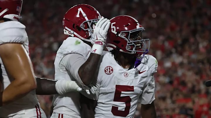 Alabama Wide Receiver Germie Bernard (5) celebrates against Georgia at Sanford Stadium in Athens, GA on Saturday, Sep 27, 2025.