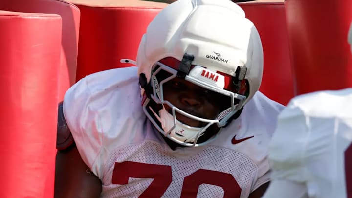 Alabama Offensive Lineman William Sanders (70) during practice at Thomas-Drew Practice Fields in Tuscaloosa, AL on Friday, Sep 19, 2025.