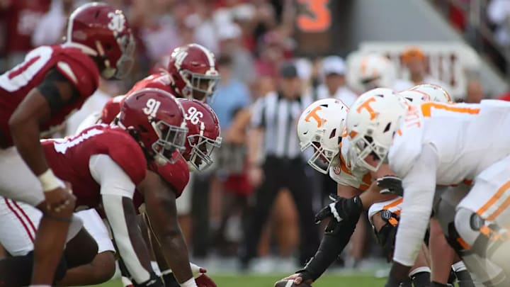 Defense lines up against Tennessee at Bryant-Denny Stadium in Tuscaloosa, AL on Saturday, Oct 21, 2023.