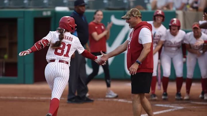 Alabama Softball Player Mari Hubbard (81) and Alabama Head Coach Patrick Murphy in action against North Alabama at Rhoads Stadium in Tuscaloosa, AL on Wednesday, Mar 25, 2026. Alabama Softball Player Mari Hubbard (81) and Alabama Head Coach Patrick Murphy in action against North Alabama at Rhoads Stadium in Tuscaloosa, AL on Wednesday, Mar 25, 2026.