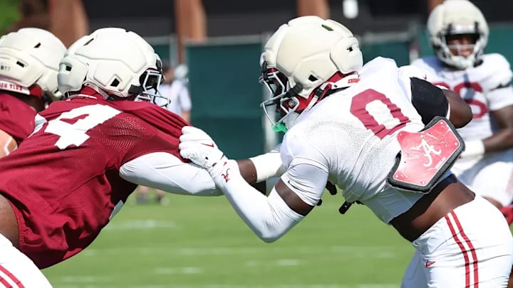 Alabama Linebacker Yhonzae Pierre (0) during practice at Thomas-Drew Practice Fields in Tuscaloosa, AL on Thursday, Apr 9, 2026.