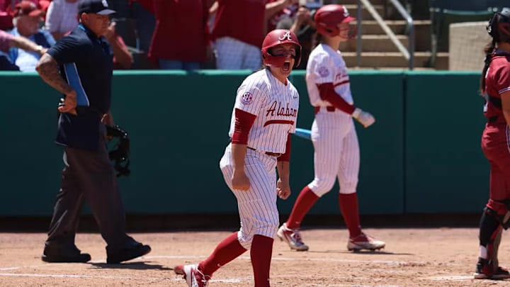 Alabama Softball Player Alexis Pupillo (31) celebrates the run against University of South Carolina at Rhoads Stadium in Tuscaloosa, AL on Saturday, May 2, 2026.