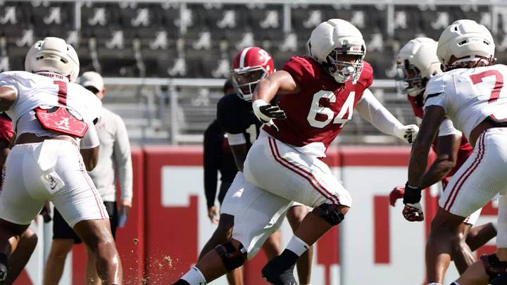 8/20/26 MFB Fall Camp Scrimmage 2 Practice 14 Alabama Offensive Lineman Michael Carroll (64) Photo by Kent Gidley 8/20/26 MFB Fall Camp Scrimmage 2 Practice 14 Alabama Offensive Lineman Michael Carroll (64) Photo by Kent Gidley