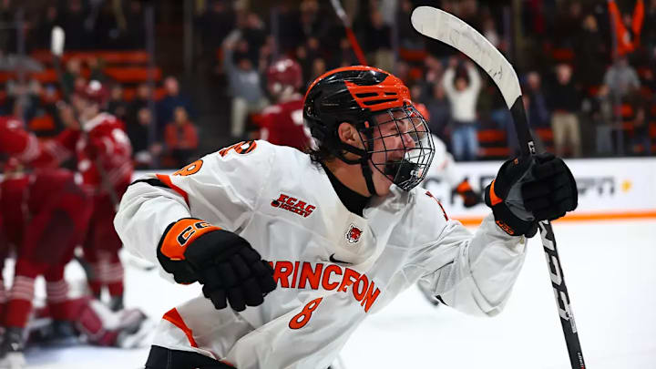 Princeton senior defenseman Ian Devlin celebrates a goal against Colgate on Feb. 20, 2026. 