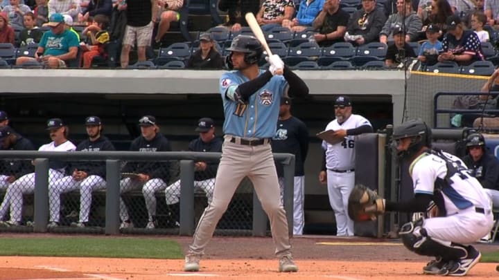 April 27, 2024; Cleveland Guardians prospect CJ Kayfus records three hits and four RBI in a game with the Lake County Captains. 