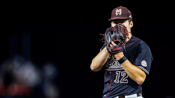 Mississippi State Pitcher Evan Siary (#12) during Game 2 between the Ole Miss Rebels and the Mississippi State Bulldogs at Dudy Noble Field at Polk-Dement Stadium in Starkville, MS. Mississippi State Pitcher Evan Siary (#12) during Game 2 between the Ole Miss Rebels and the Mississippi State Bulldogs at Dudy Noble Field at Polk-Dement Stadium in Starkville, MS.