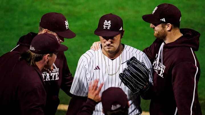 Mississippi State Pitcher Karson Ligon (#31) during the game between the Ole Miss Rebels and the Mississippi State Bulldogs at Dudy Noble Field at Polk-Dement Stadium in Starkville, MS.