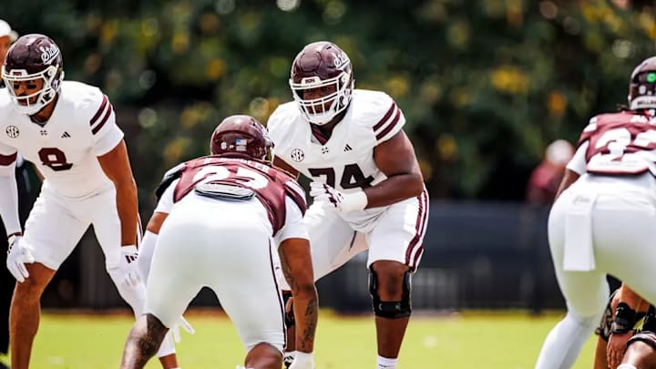 Mississippi State Offensive Lineman Jimothy Lewis Jr. (#74) during the 2025 Spring Game at Davis Wade Stadium at Scott Field in Starkville, MS. Mississippi State Offensive Lineman Jimothy Lewis Jr. (#74) during the 2025 Spring Game at Davis Wade Stadium at Scott Field in Starkville, MS.