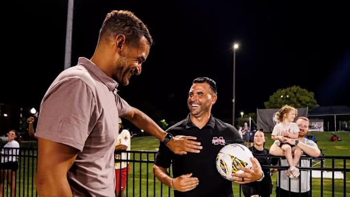 Mississippi State Head Coach Nick Zimmerman and Mississippi State Director of Athletics Zac Selmon during the match between the Jacksonville State Gamecocks and the Mississippi State Bulldogs at the MSU Soccer Field in Starkville, MS.