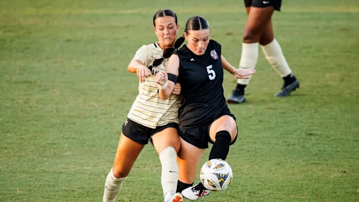 Mississippi State Midfielder Ally Perry (#5) during the match between the Wake Forest Demon Deacons and the Mississippi State Bulldogs at the MSU Soccer Field in Starkville, MS