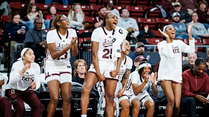 Mississippi State Center Rocío Jiménez (#13), Mississippi State Forward Favour Nwaedozi (#25) and Mississippi State Forward Nataliyah Gray (#22) during the game between the Southern Miss Golden Eagles and the Mississippi State Bulldogs at Humphrey Coliseum in Starkville, MS. Mississippi State Center Rocío Jiménez (#13), Mississippi State Forward Favour Nwaedozi (#25) and Mississippi State Forward Nataliyah Gray (#22) during the game between the Southern Miss Golden Eagles and the Mississippi State Bulldogs at Humphrey Coliseum in Starkville, MS.
