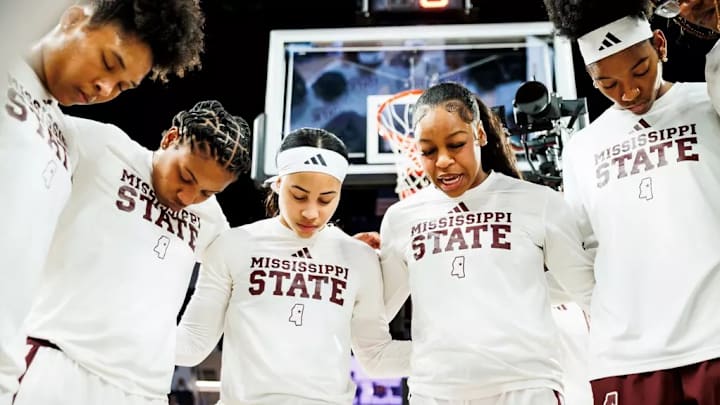 Mississippi State Guard Trayanna Crisp (#4), Mississippi State Guard Destiney McPhaul (#2), Mississippi State Guard Saniyah King (#1), Mississippi State Guard Chandler Prater (#5) and Mississippi State Center Faith Wylder (#23) during the game between the Auburn Tigers and the Mississippi State Bulldogs at Humphrey Coliseum in Starkville, MS. Mississippi State Guard Trayanna Crisp (#4), Mississippi State Guard Destiney McPhaul (#2), Mississippi State Guard Saniyah King (#1), Mississippi State Guard Chandler Prater (#5) and Mississippi State Center Faith Wylder (#23) during the game between the Auburn Tigers and the Mississippi State Bulldogs at Humphrey Coliseum in Starkville, MS.