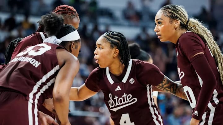 Mississippi State Forward Kharyssa Richardson (#33), Mississippi State Forward Favour Nwaedozi (#25), Mississippi State Guard Trayanna Crisp (#4) and Mississippi State Forward Madison Francis (#40) during the game between the LSU Tigers and the Mississippi State Bulldogs at Humphrey Coliseum in Starkville, MS.