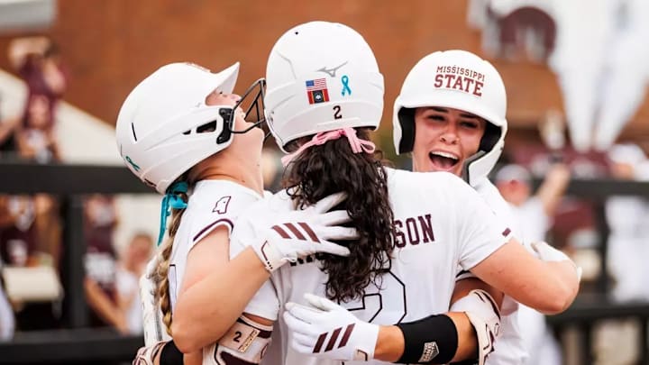 Mississippi State Infielder Morgan Stiles (#24), Mississippi State Catcher/Infielder Abby Grace Richardson (#2) and Mississippi State Infielder Gabby Schaeffer (#7) during the game between the Tennessee Volunteers and the Mississippi State Bulldogs at Nusz Park in Starkville, MS.