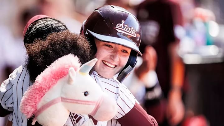 Mississippi State Outfielder Kinley Keller (#33) and Mississippi State Outfielder Kalani Sells (#42) during game 2 between the Georgia Bulldogs and the Mississippi State Bulldogs at Jack Turner Softball Stadium in Athens, GA. 
