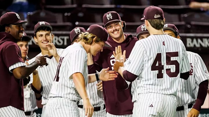 Mississippi State Pitcher Dane Burns (#45) and Mississippi State Pitcher Brendan Sweeney (#37) during the game between the Southern Miss Golden Eagles and the Mississippi State Bulldogs at Dudy Noble Field at Polk-Dement Stadium in Starkville, MS. Mississippi State Pitcher Dane Burns (#45) and Mississippi State Pitcher Brendan Sweeney (#37) during the game between the Southern Miss Golden Eagles and the Mississippi State Bulldogs at Dudy Noble Field at Polk-Dement Stadium in Starkville, MS.
