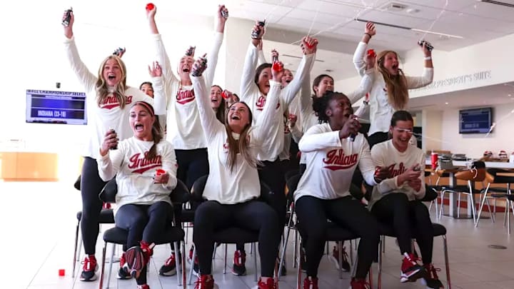 Indiana's softball team celebrates as their name was called during the NCAA Tournament selection show on Sunday. Indiana is headed to the Fayetteville Regional at Arkansas.
