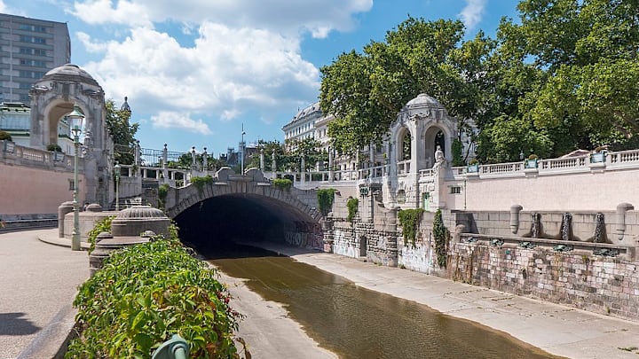 Vienna’s Wienflussportal, showing the spot where the Vienna River emerges from its underground course.