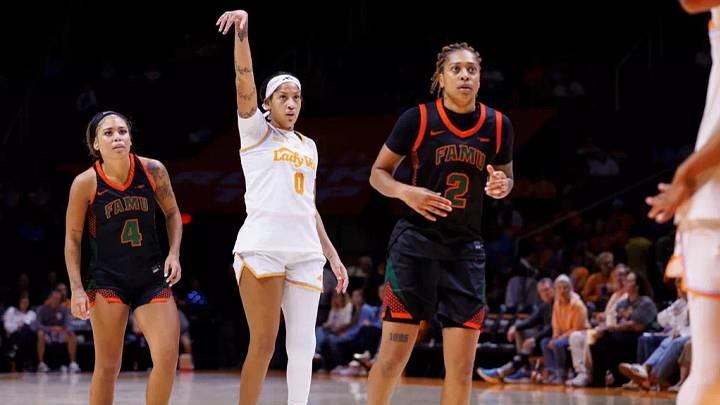 KNOXVILLE, TN - October 27, 2026 - Guard Kaylene Smikle #0 of the Tennessee Lady Volunteers during the exhibition game between the Florida A&M Rattlers and the Tennessee Lady Volunteers at Food City Center in Knoxville, TN. 