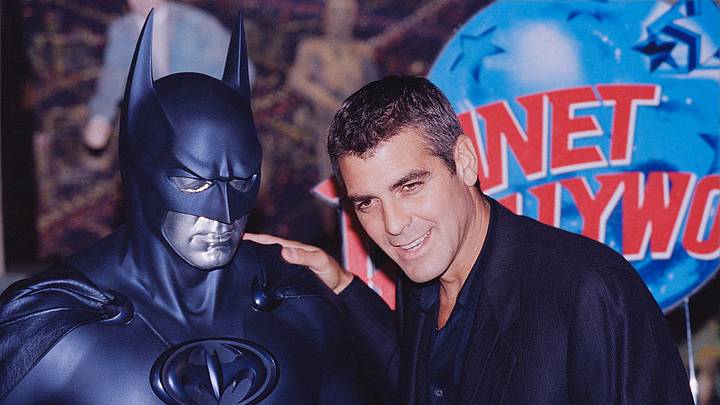 'Batman & Robin' (1997) star George Clooney pals around with his Batsuit.