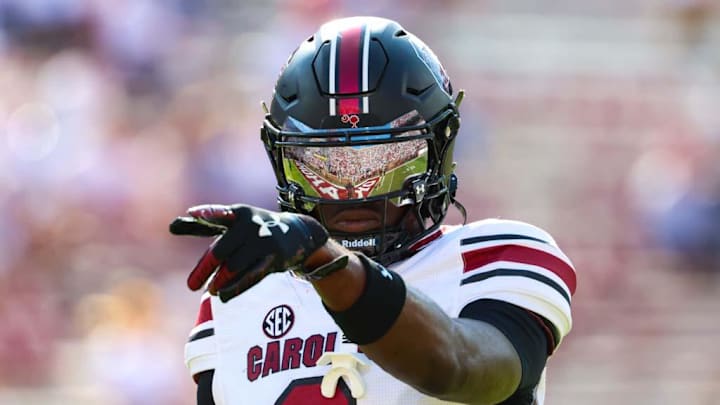 Oct 19, 2024; Norman, Oklahoma, USA;  South Carolina Gamecocks wide receiver Nyck Harbor (8) reacts before the game against the Oklahoma Sooners at Gaylord Family-Oklahoma Memorial Stadium. Mandatory Credit: Kevin Jairaj-Imagn Images