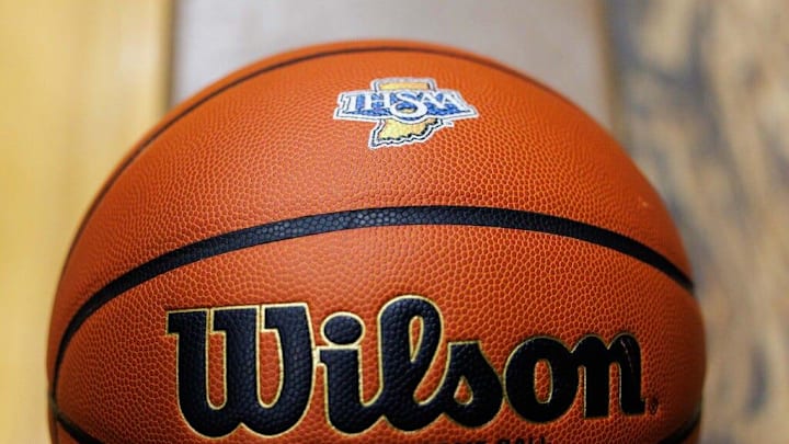 A general view of IHSAA logo basketball during the South Bend Adams-Mishawaka high school 4A sectional semi-final basketball game on Friday, March 01, 2024, at Mishawaka High School in Mishawaka, Indiana.