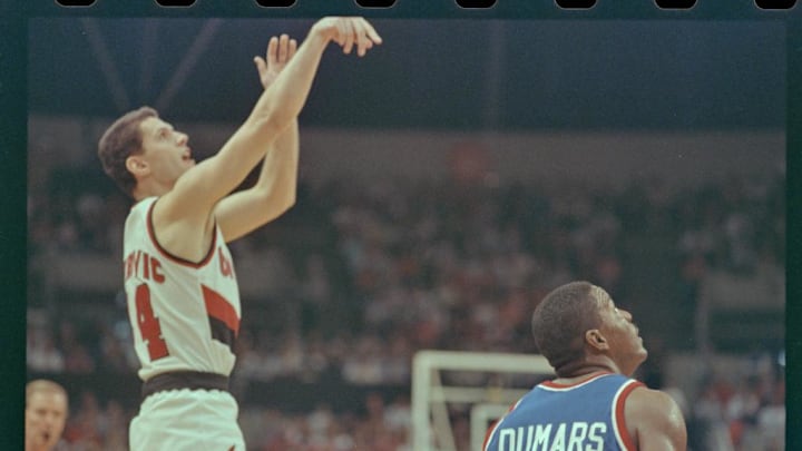 06/10/1990; Portland, Oregon USA; Trailblazers' Drazen Petrovic shoots the ball while being guarded by Pistons'' Joe Dumars during game three of the 1990 NBA Finals at The Memorial Coliseum. Mandatory Credit: William Archie -Detroit Free Press