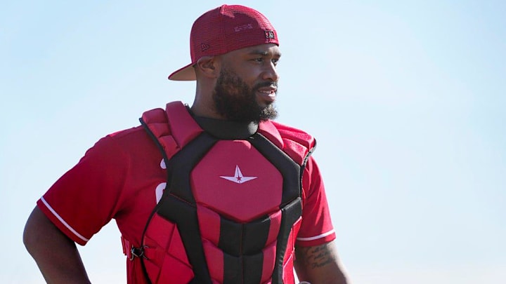 Cincinnati Reds catcher Chuckie Robinson (67) works through a catching drill at the Cincinnati Reds Player Development Complex in Goodyear, Ariz., on Monday, Feb. 20, 2023. (Via OlyDrop)
