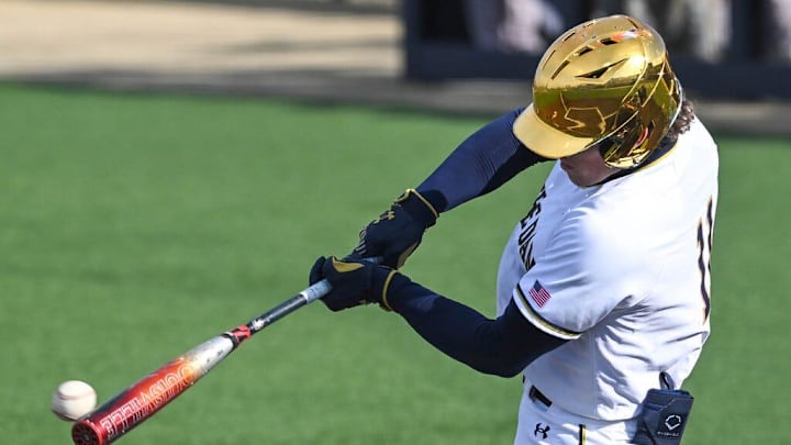 Notre Dame s Jack Penney (11) hits for a two-run RBI in the first inning against Western Michigan Tuesday, March 19, 2024, at Frank Eck Stadium. Notre Dame s Jack Penney (11) hits for a two-run RBI in the first inning against Western Michigan Tuesday, March 19, 2024, at Frank Eck Stadium.