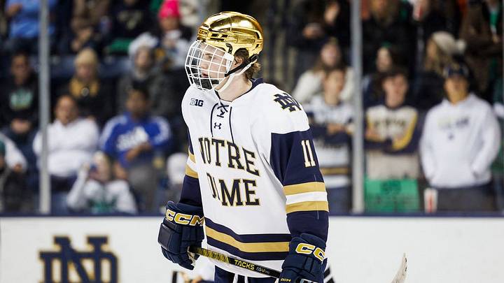 Notre Dame forward Danny Nelson (11) during the Penn State-Notre Dame NCAA hockey game on Friday, January 19, 2024, at Compton Family Ice Arena in South Bend, Indiana.