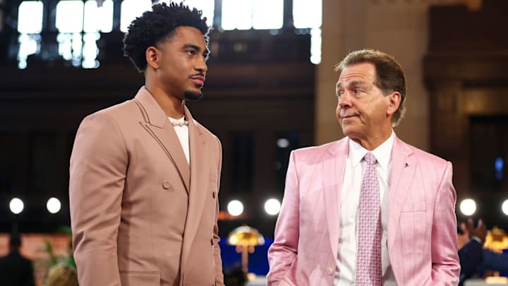 KANSAS CITY, MO - APRIL 27: Alabama head coach Nick Saban talks with Bryce Young in the green room backstage during the first round of the 2023 NFL Draft at Union Station on April 27, 2023 in Kansas City, Missouri.